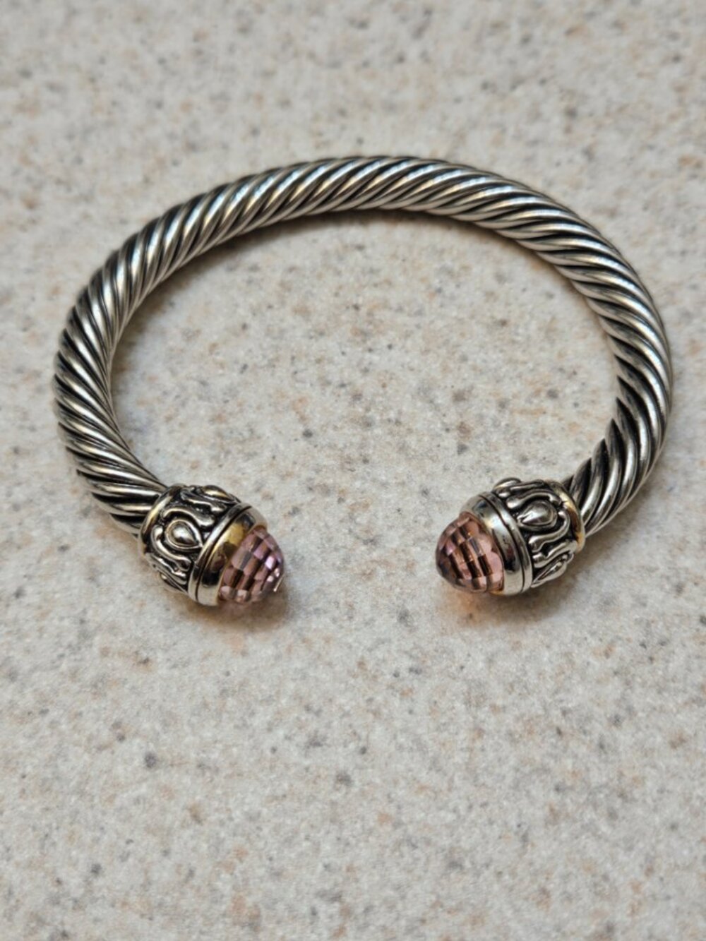 Twisted Metal Cuff Bracelet with Ornate Pink End Caps